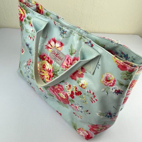 ~ Rare Cath Kidston XL Bag Tote Floral Coated Blue Handles Snap Zip Lined Pocket - Picture 13 of 16